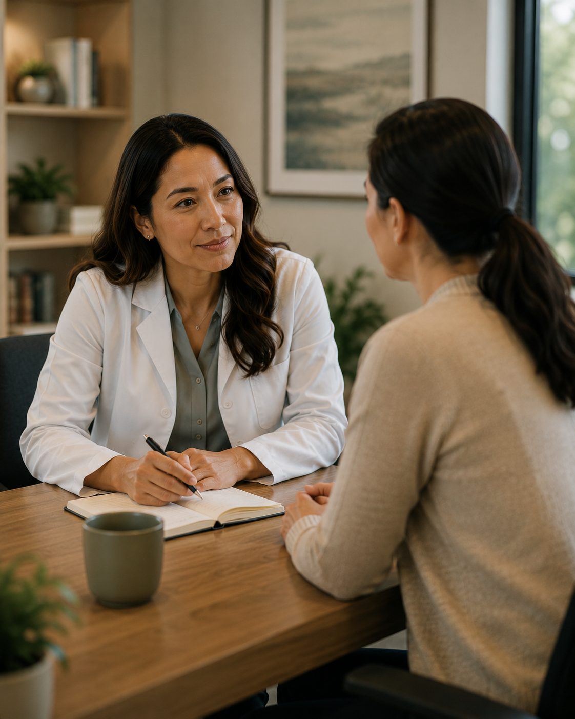 Physician in conversation with a patient at a consultation table