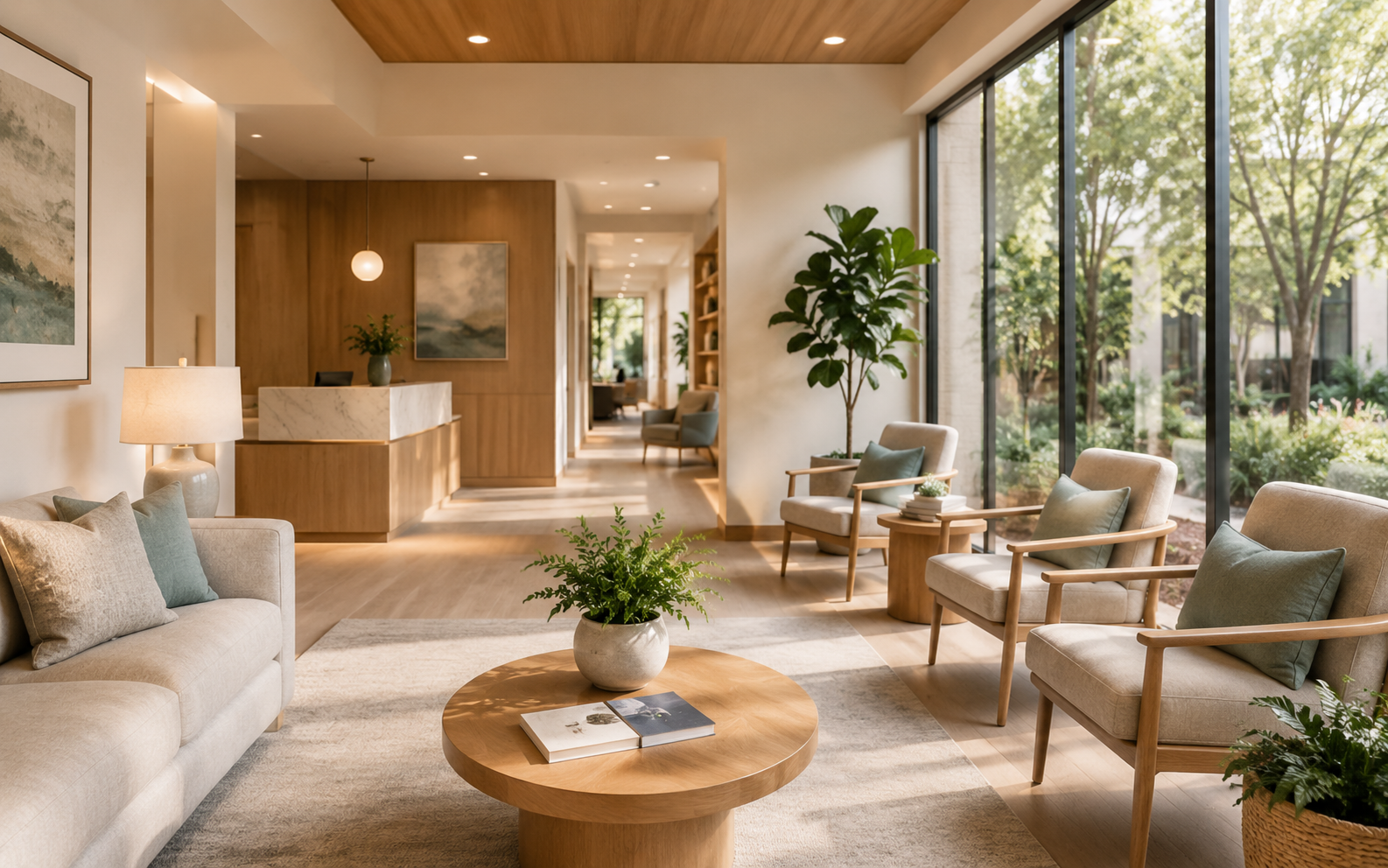 Bright modern healthcare waiting lounge with natural light