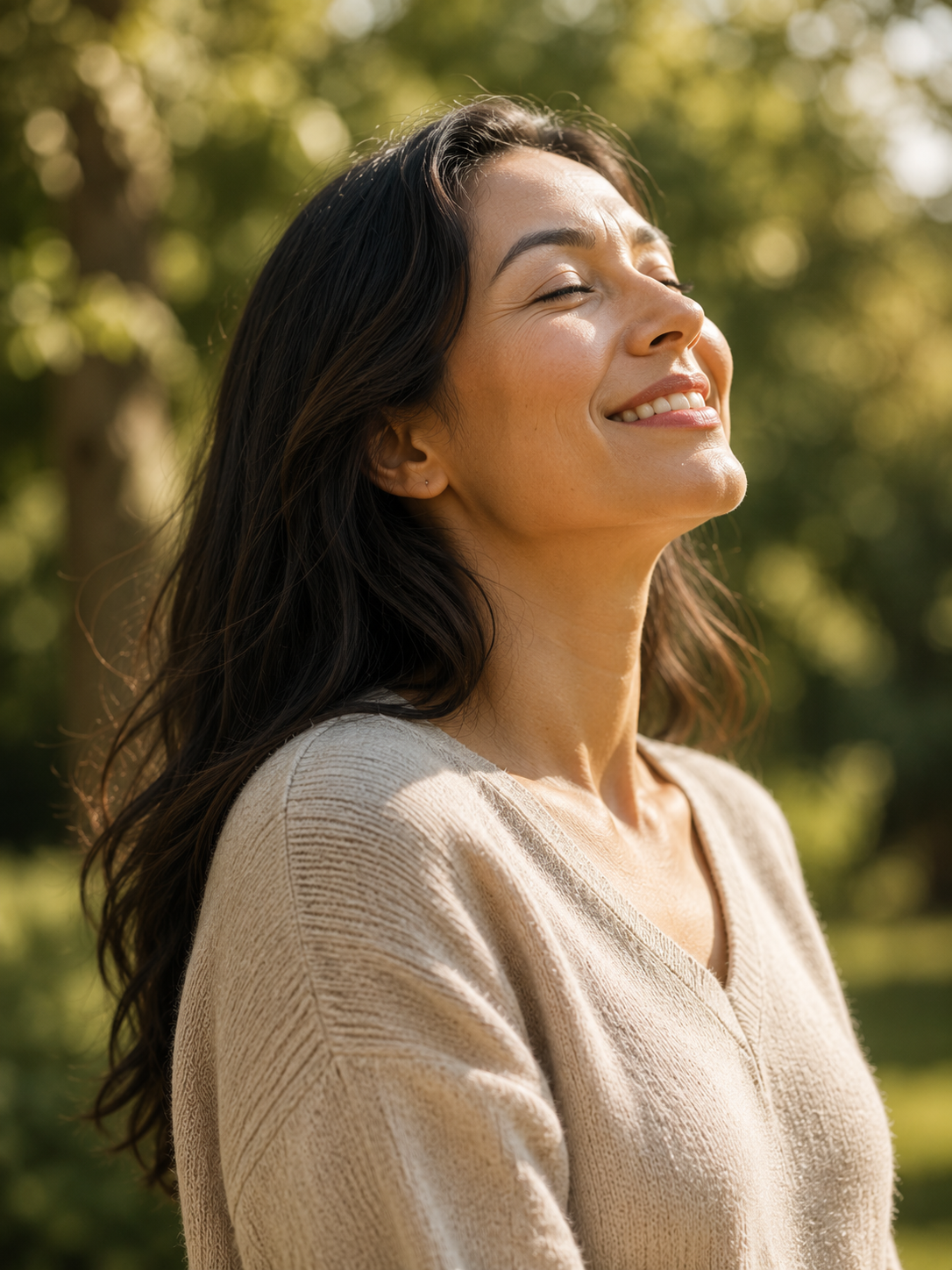 Woman smiling in warm sunlight, conveying renewal and wellness
